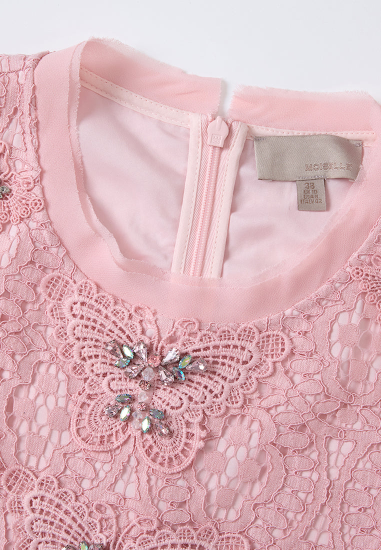 Pop-up Effect Crystal-embellished Hollow-carved Lace Dress