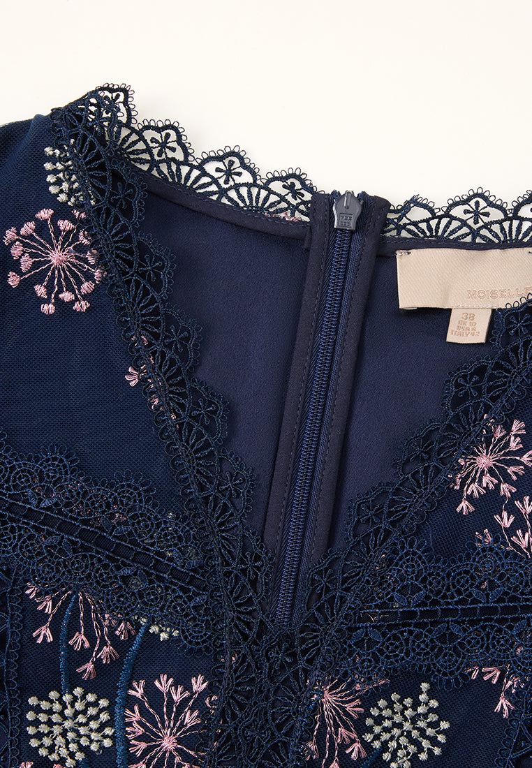 Dandelion-pattern Puff-sleeve Lace-trim Tie-belt Mesh Dress