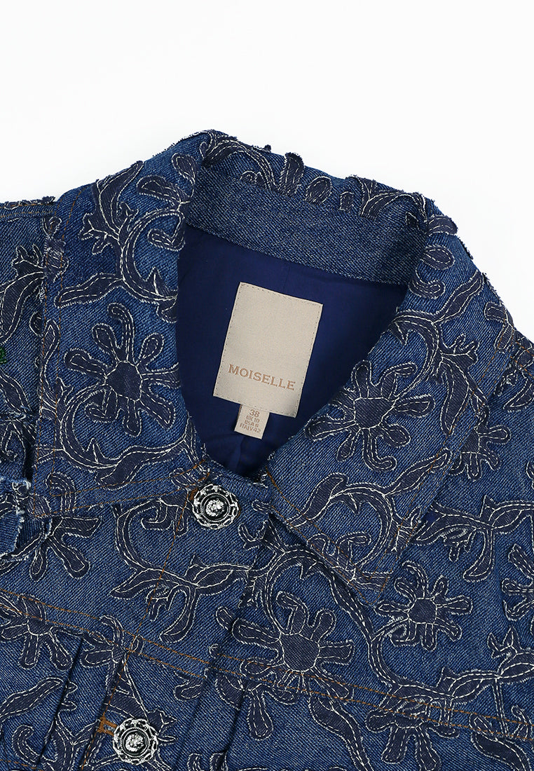 Bleu Denim Fleur Brodé Jacket