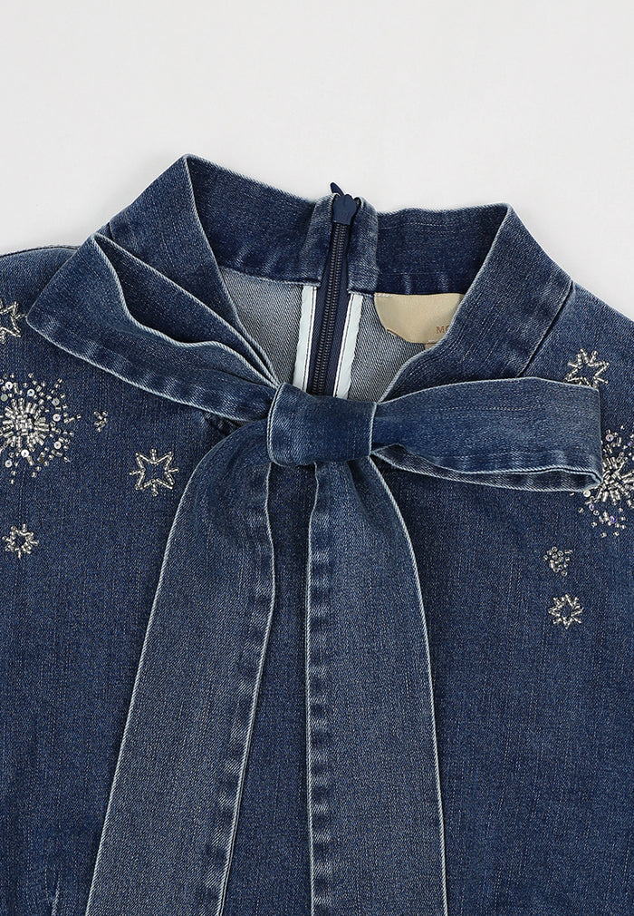 Bleu Céleste Embroidered Denim Midi Dress
