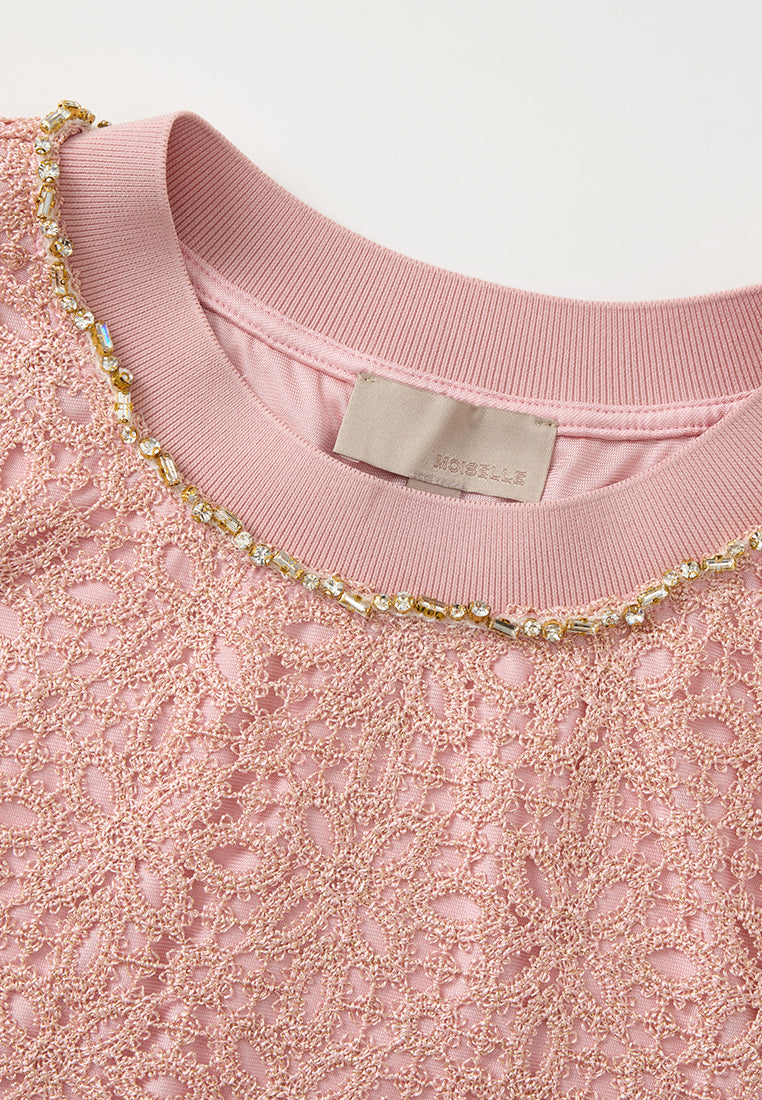 Crochet-lace Crystal-trim Sweatshirt