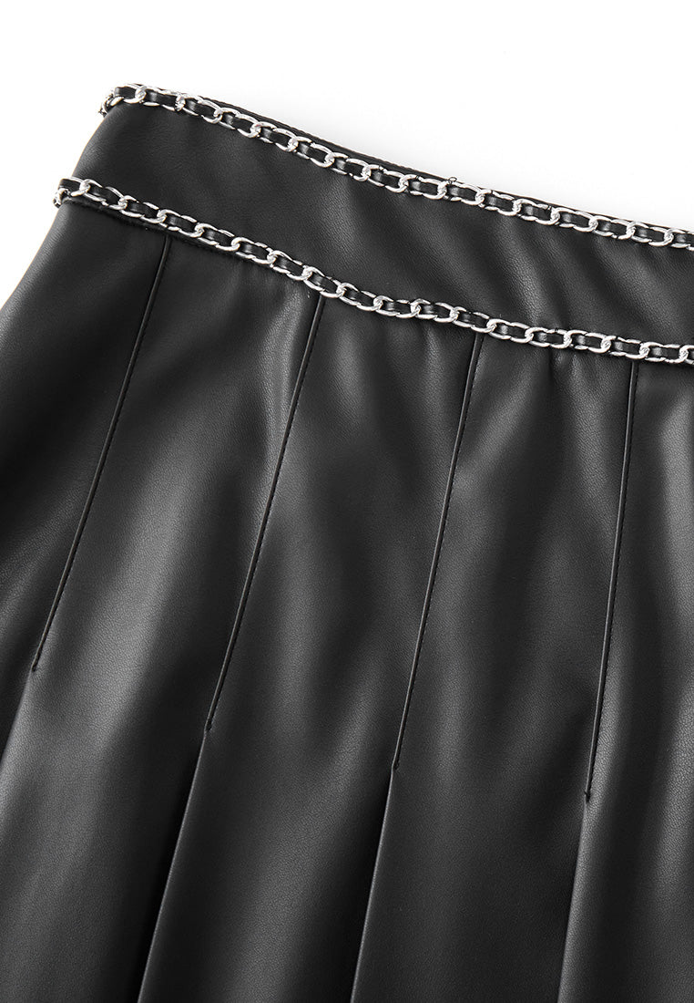 Chain-detail Vegan Leather Pleated Skirt