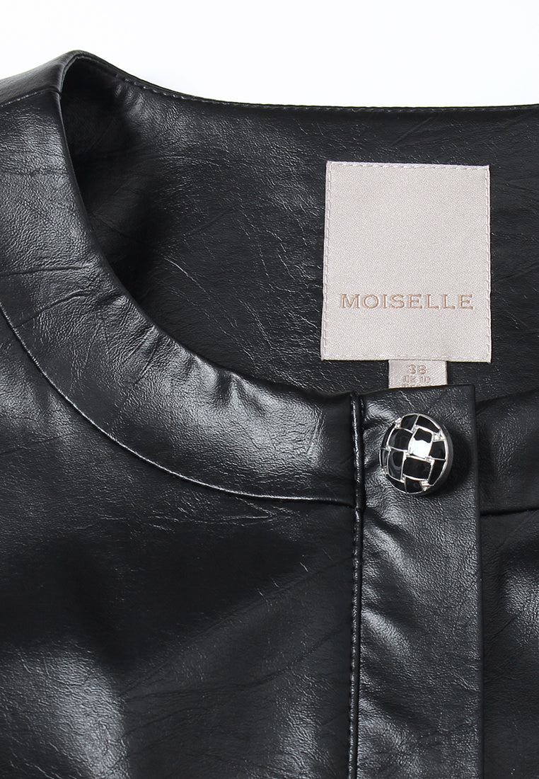 Elastic-waist Flap-pocket Faux Leather Blouse