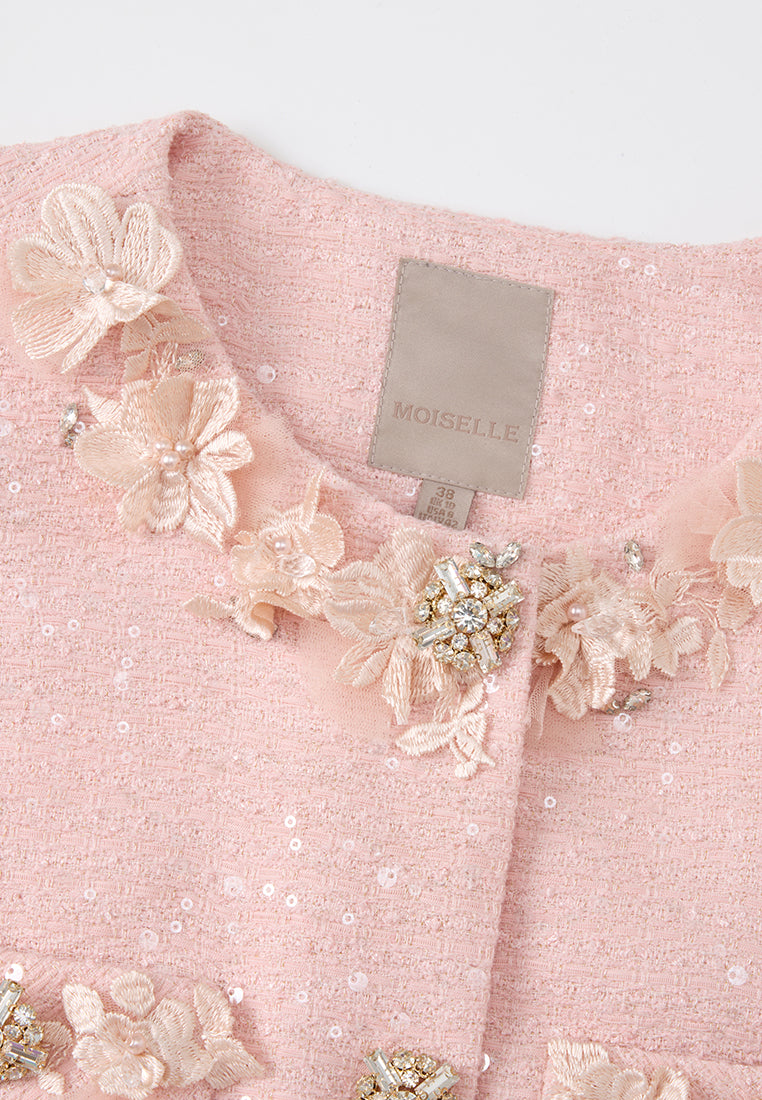 Appliqué-detail Crystal-button Cropped Tweed Jacket
