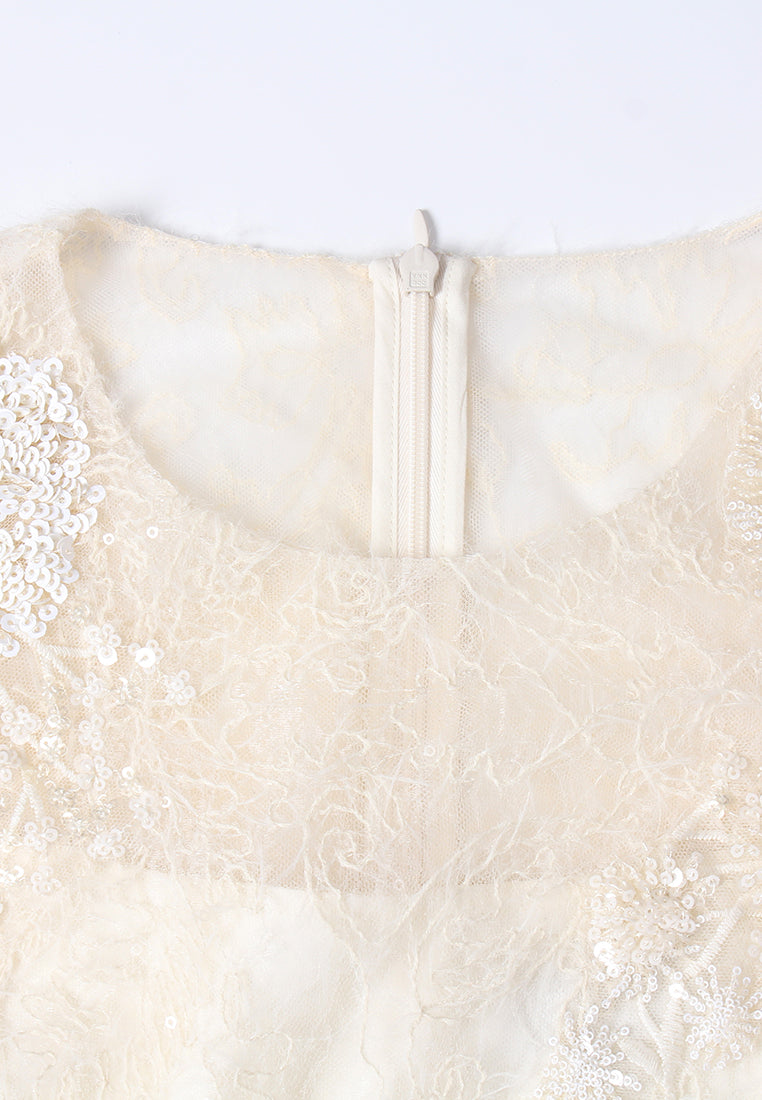 Feather-hem Embellished Lace Dress