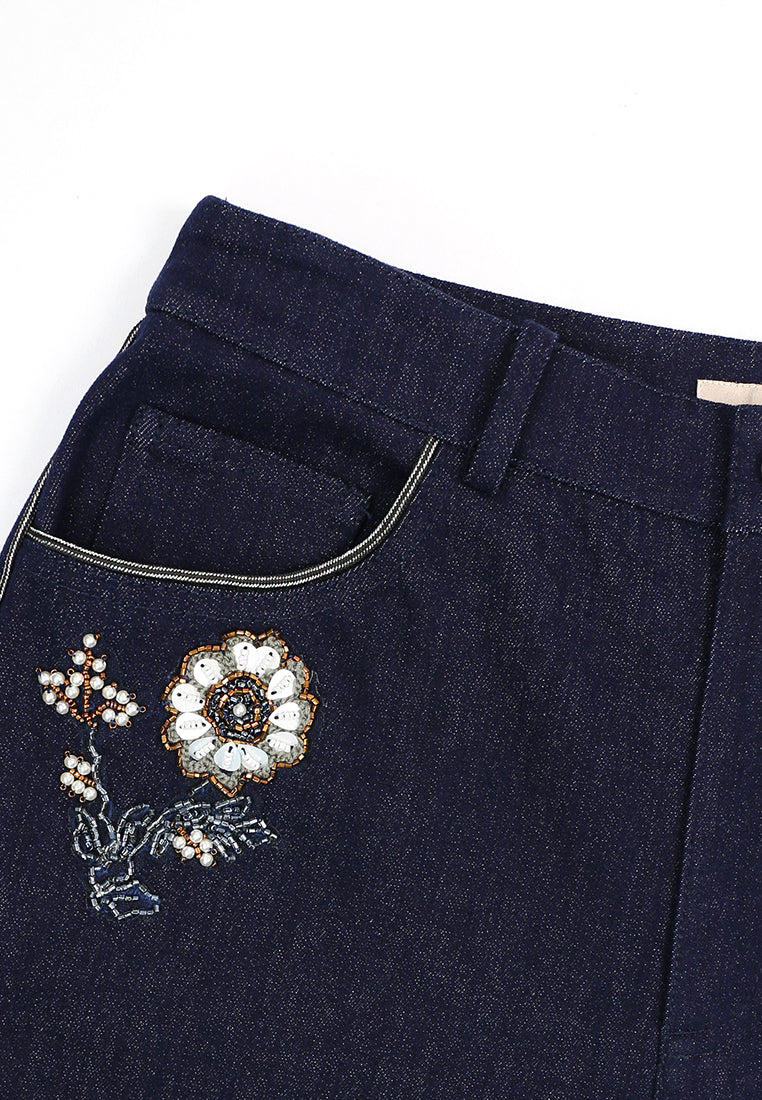 Nuit Fleur Embroidered Wide-Leg Denim Trousers