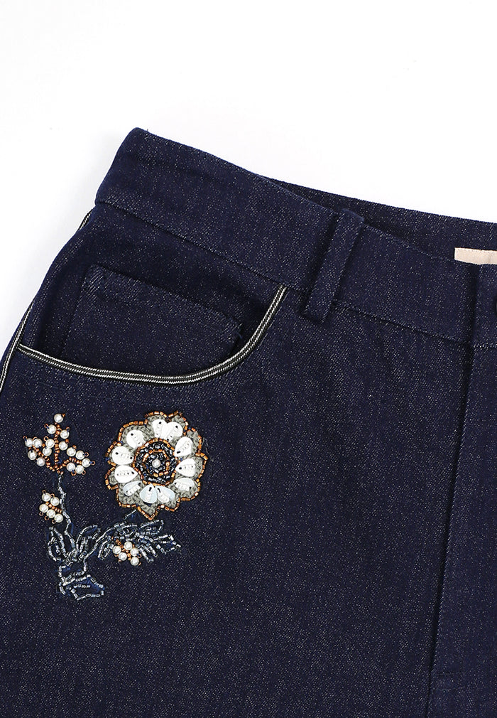Nuit Fleur Embroidered Wide-Leg Denim Trousers