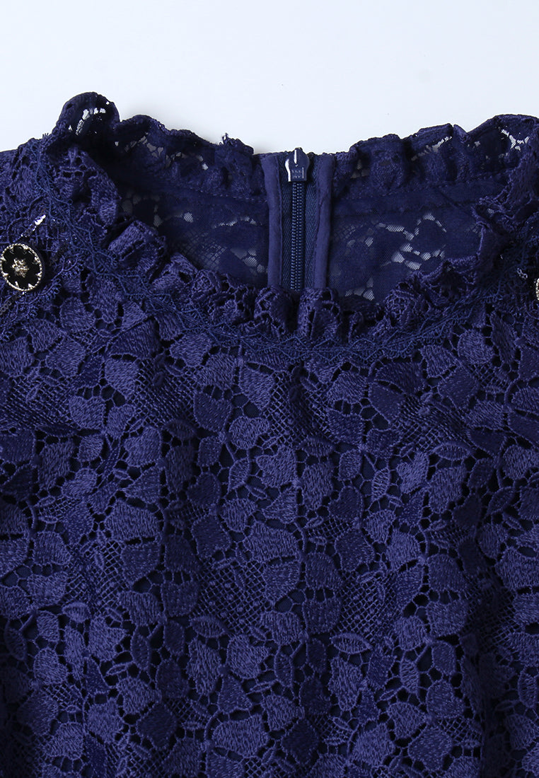 Robe en Dentelle Bleu Nuit à Boutons
