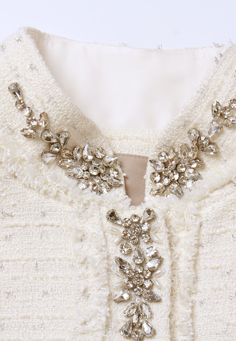 Flower-Motif Crystal-Embellished Tweed Coat