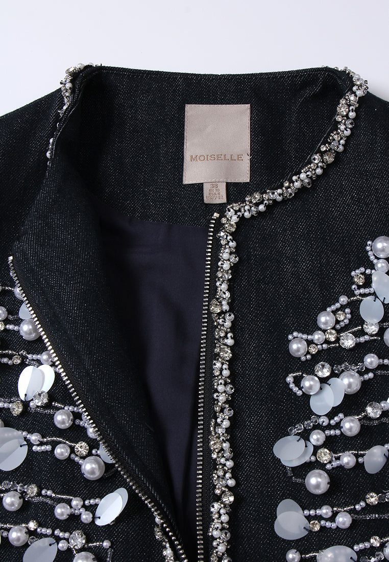 Contrasting-embellishment Denim Bomber Jacket