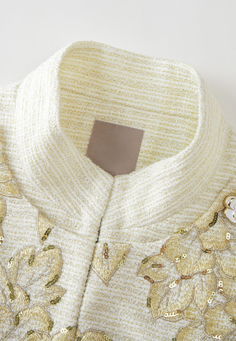 Stripped Stand-collar Floral-embroidery Lurex-detail Tweed Jacket