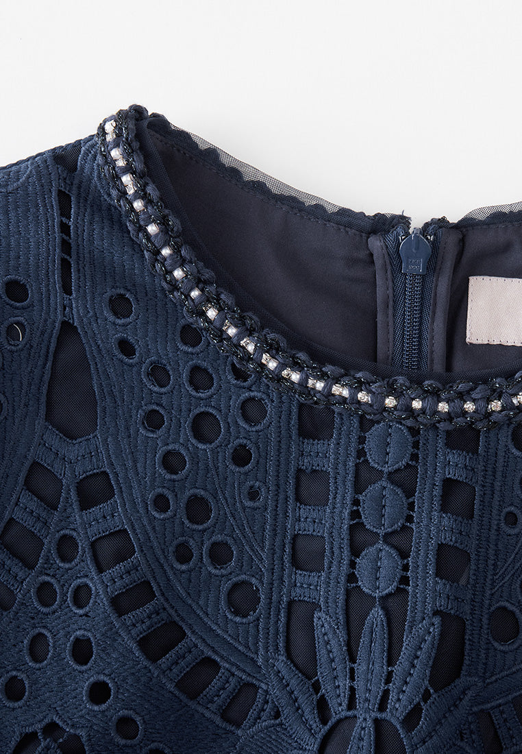 Dark blue Hollow-carved Lace Dress