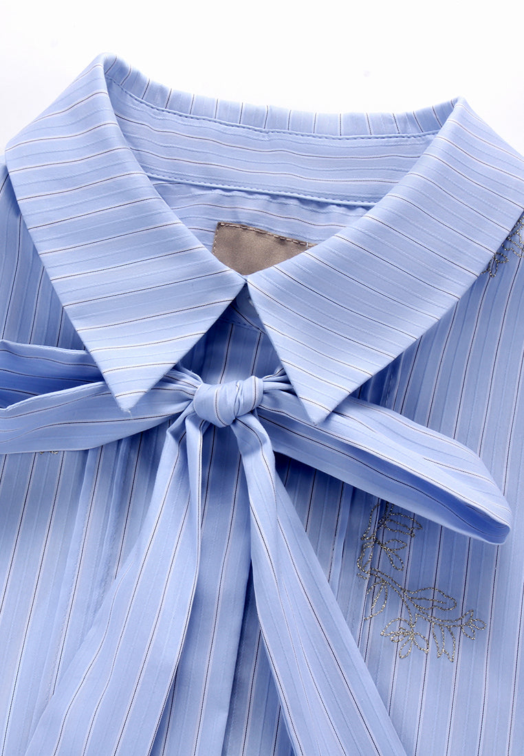 Blue Embroidered Bow Blouse