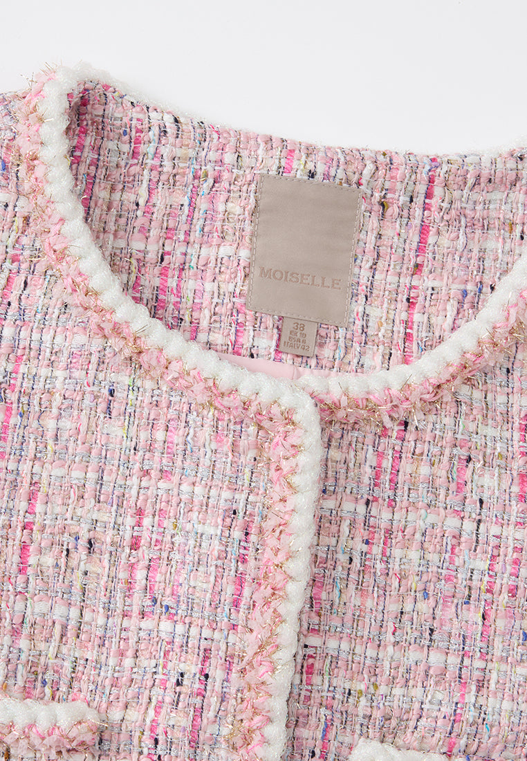 Round Neck Mixed Tweed Contrasting-trim Cropped Jacket