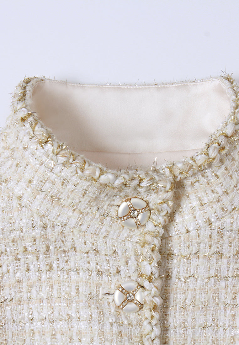 Braided-Trim Sleeveless Tweed Coat