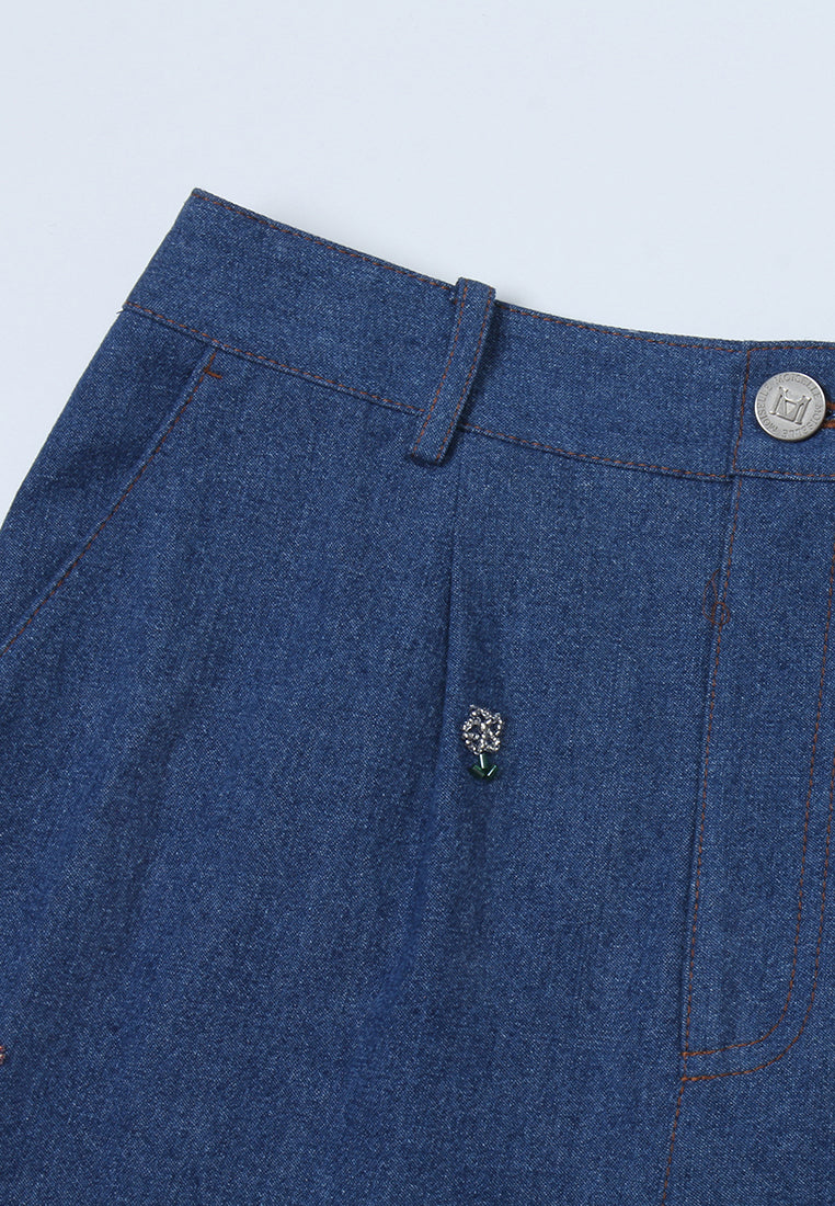 Indigo Bloom Wide-Leg Denim Pants