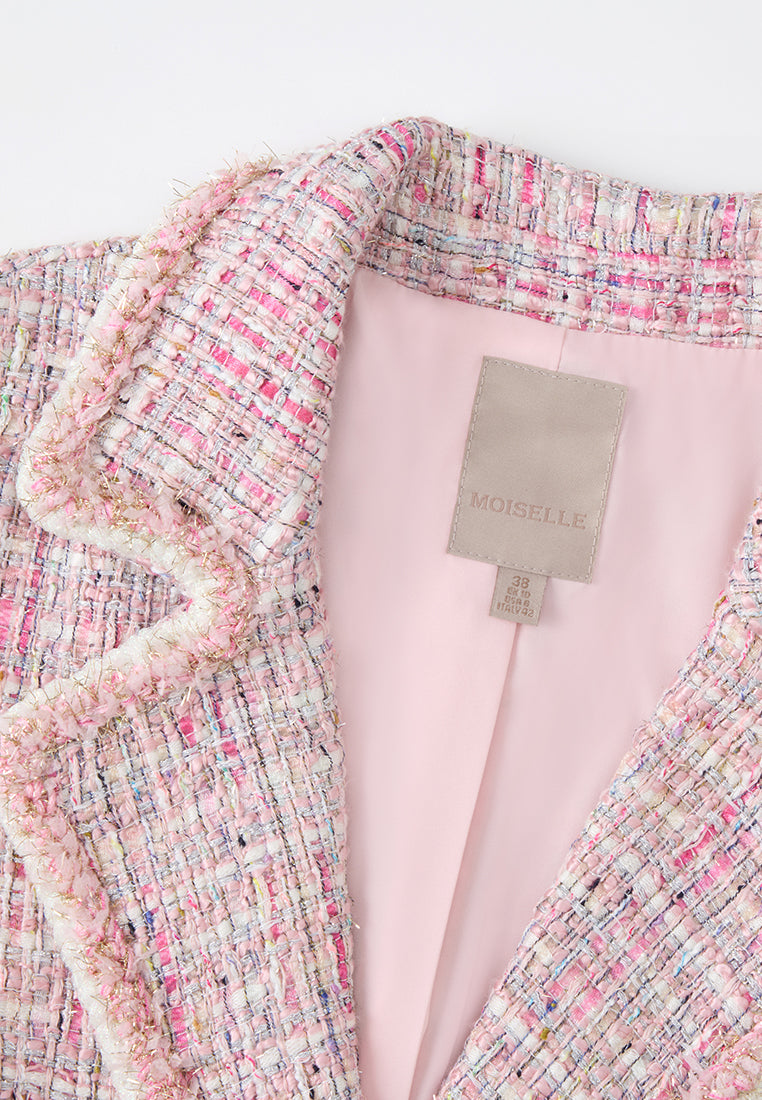 Notched Lapel Mixed Tweed Contrasting-trim Cropped Jacket