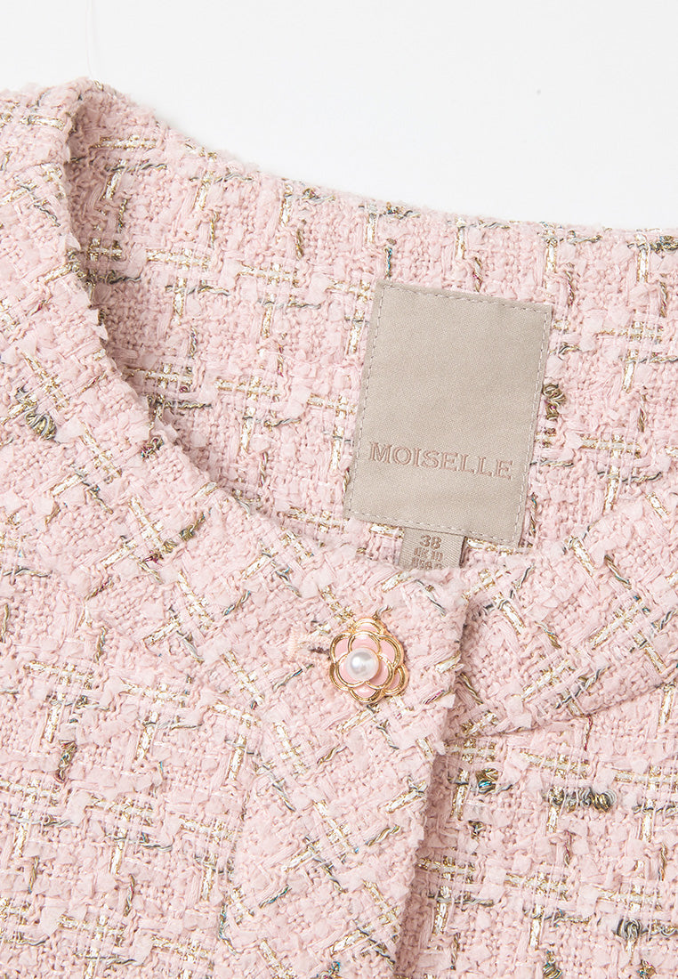 Three-quarter Sleeves Checked Pocketed Tweed Jacket