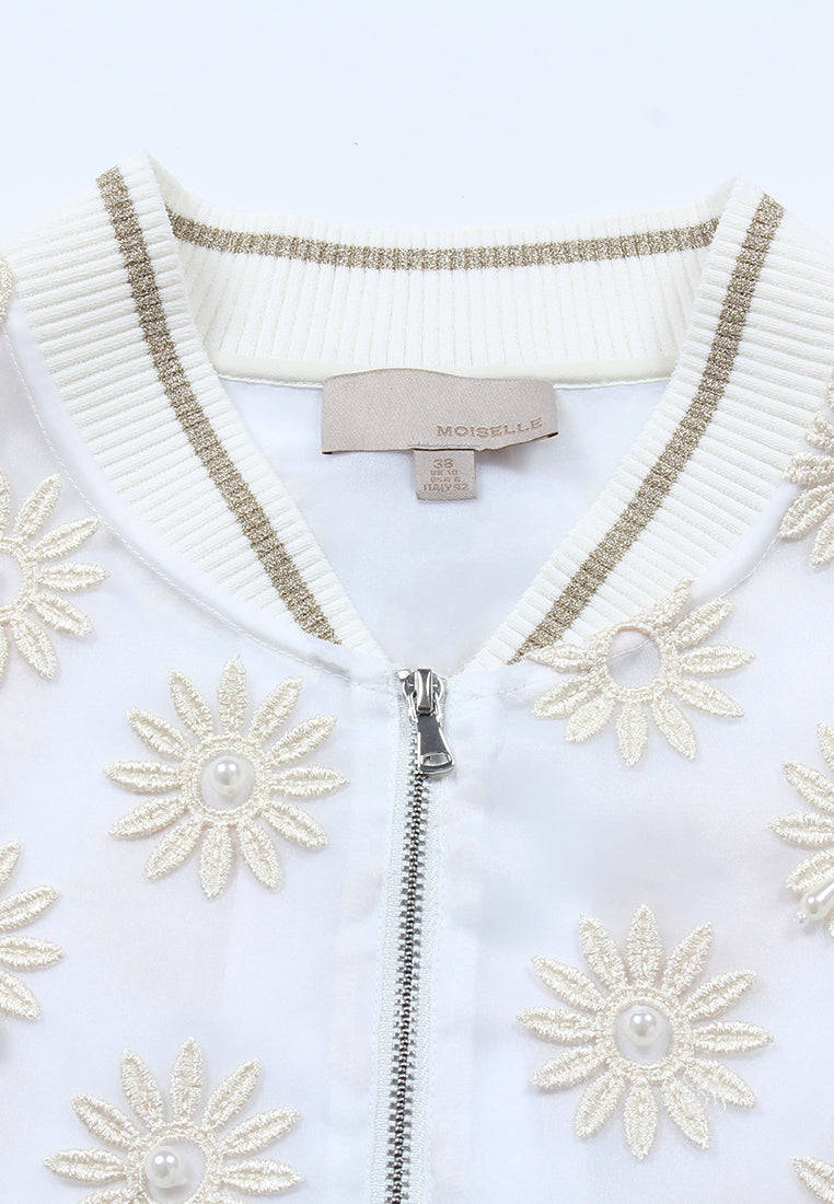 Ivory Daisy Sheer Pearl Bomber Jacket