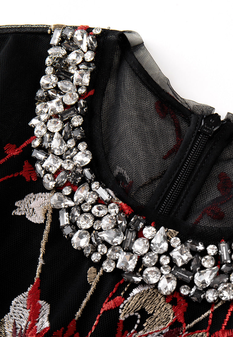 Frayed-hem Crystal-detail Embroidered-motif Organza Dress