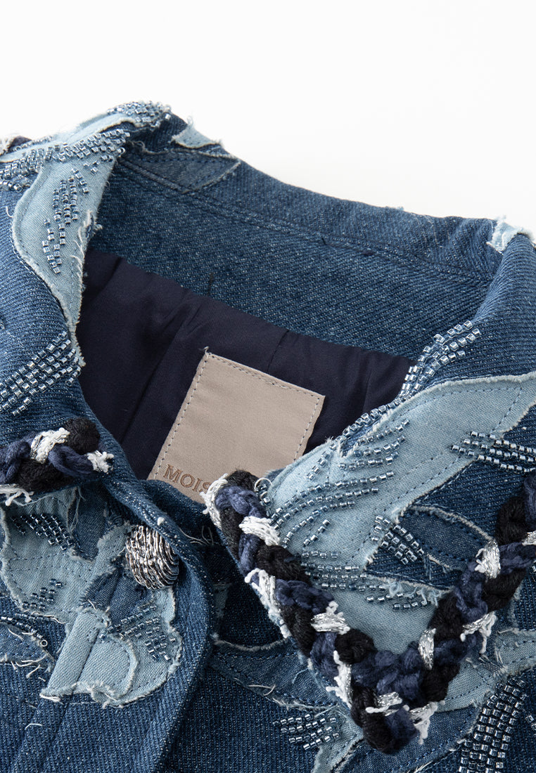 Patchwork-detail Embellished Cropped Denim Jacket