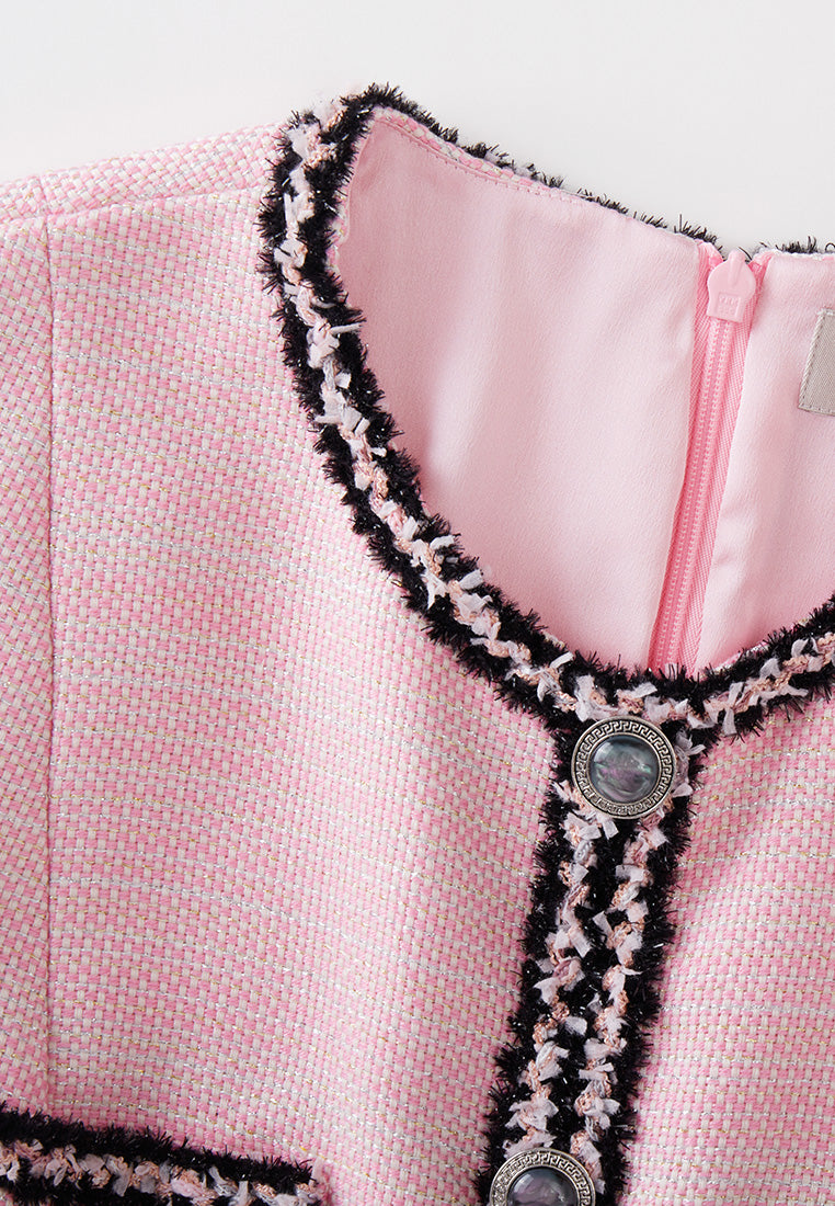 Black Trimmed Pink Tweed Pleated Dress