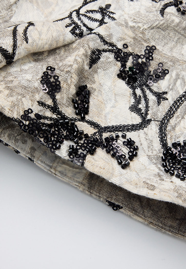 Belted Jacquard Contrasting-lapel Embellished Dress