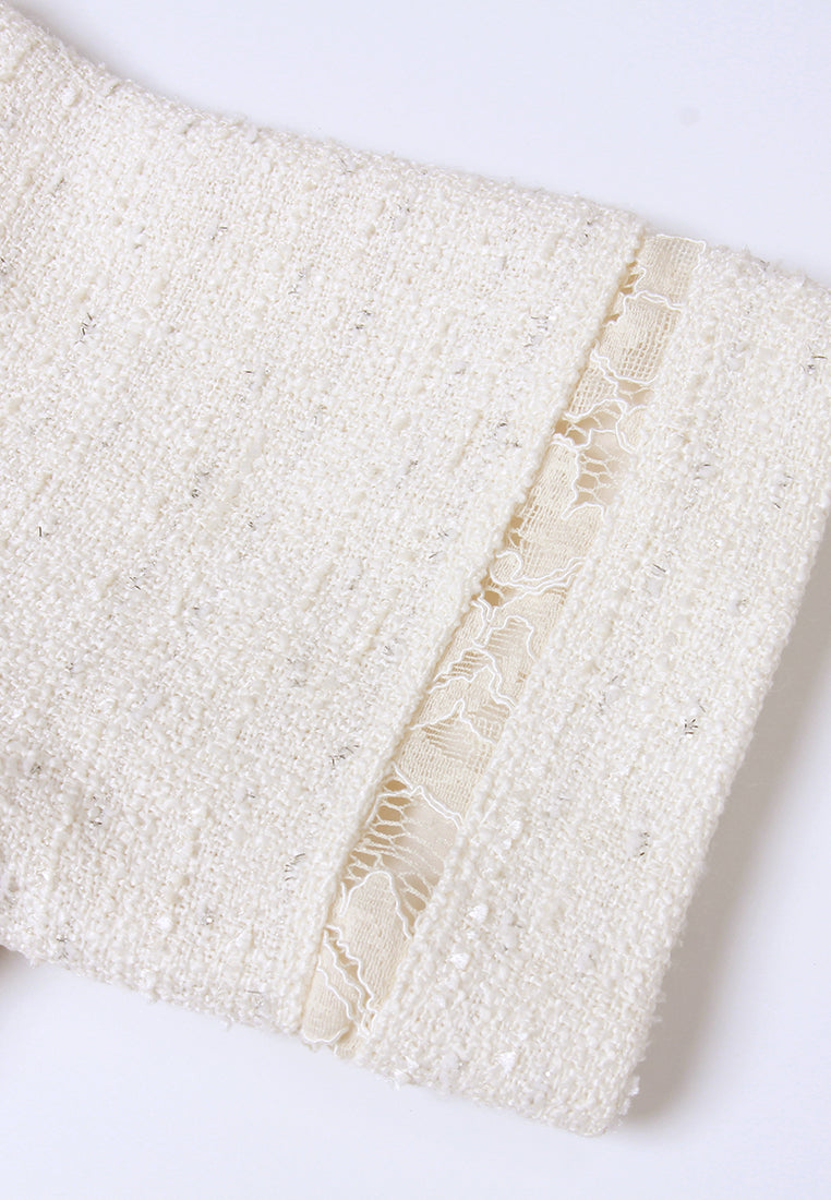 Lace-Trim Tweed Dress with Velvet Bow