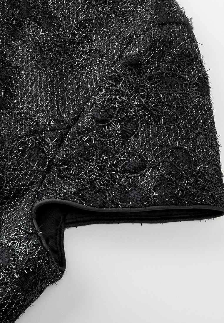 Frayed Lurex-detail Lace Double-breasted Cap-sleeve Blouse