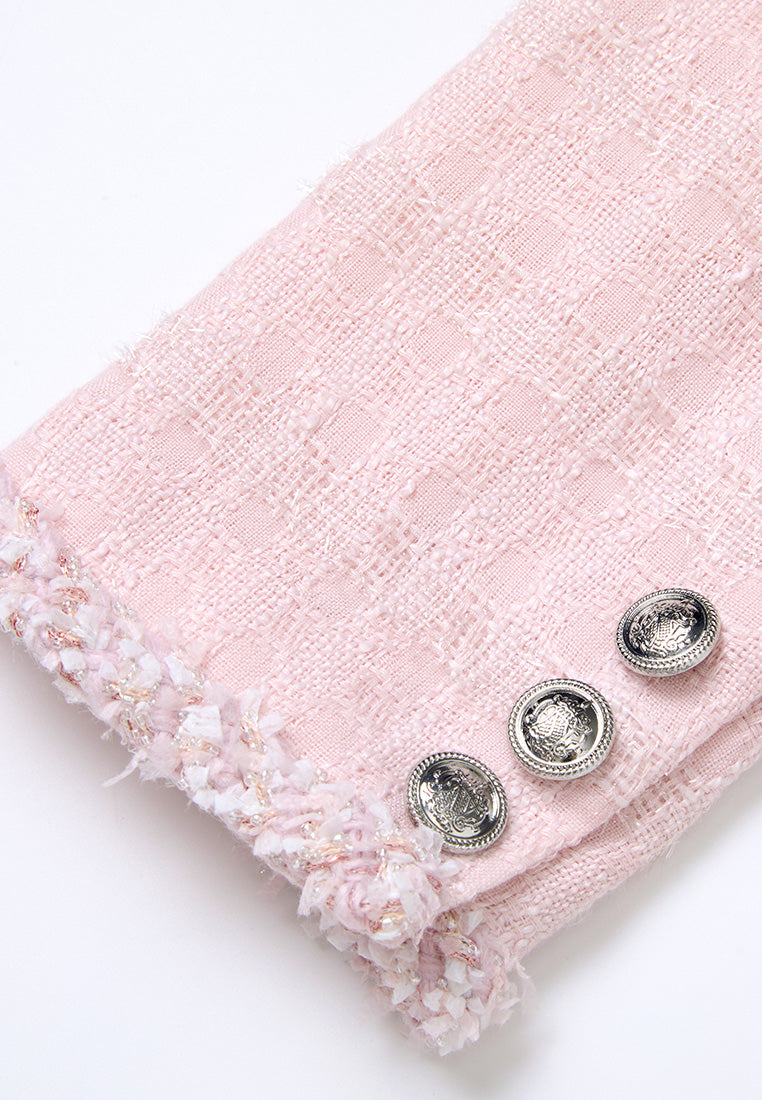 Frayed-trim Pleated-detail Checked Tweed Jacket