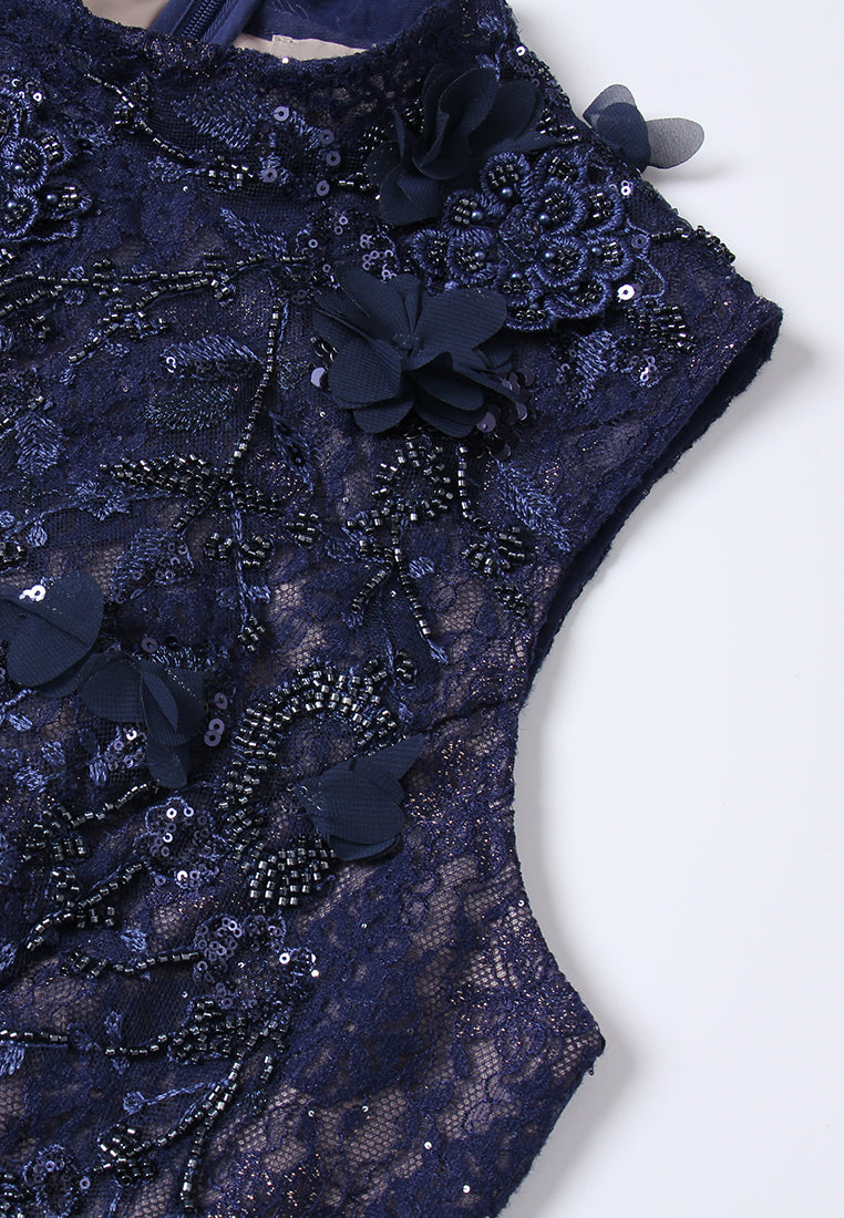 Appliqué Pleated-detail Lace Maxi Dress