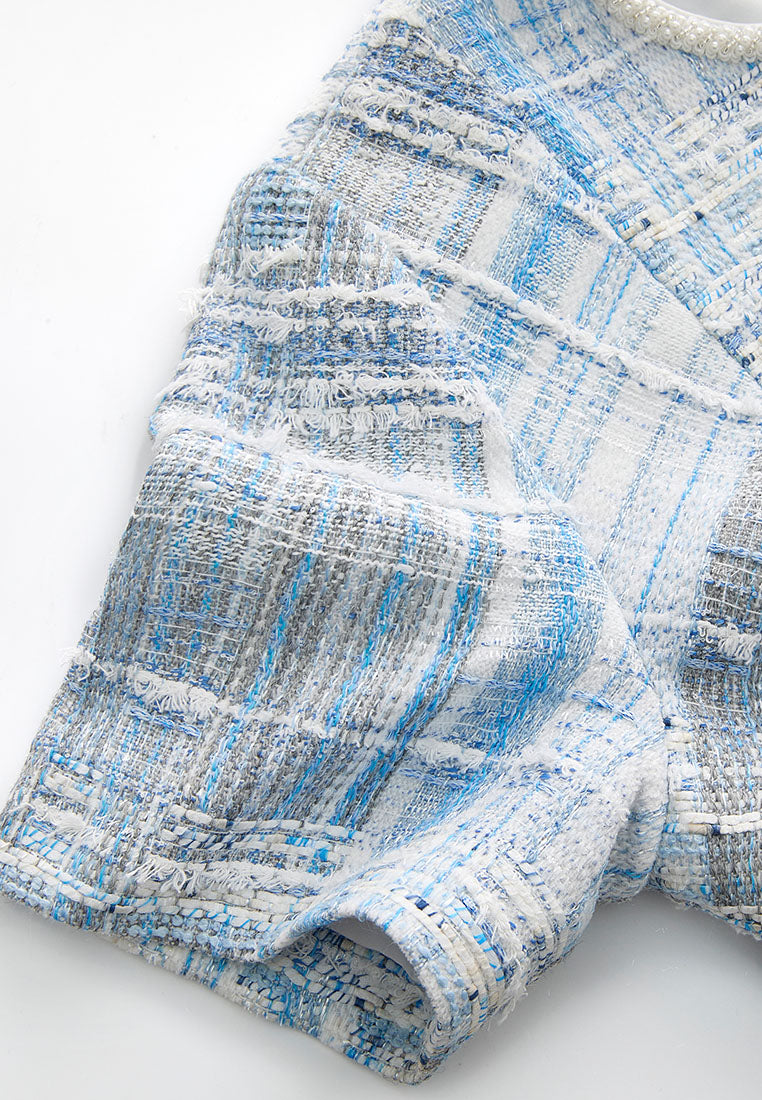 Beaded-Trim Stripped Mix Tweed Dress