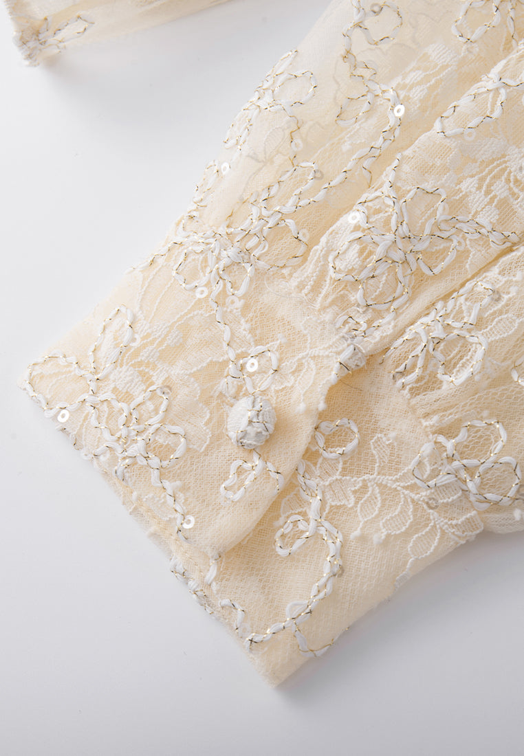 Lurex-detail Ruffle-collar Puff-sleeve Lace Blouse