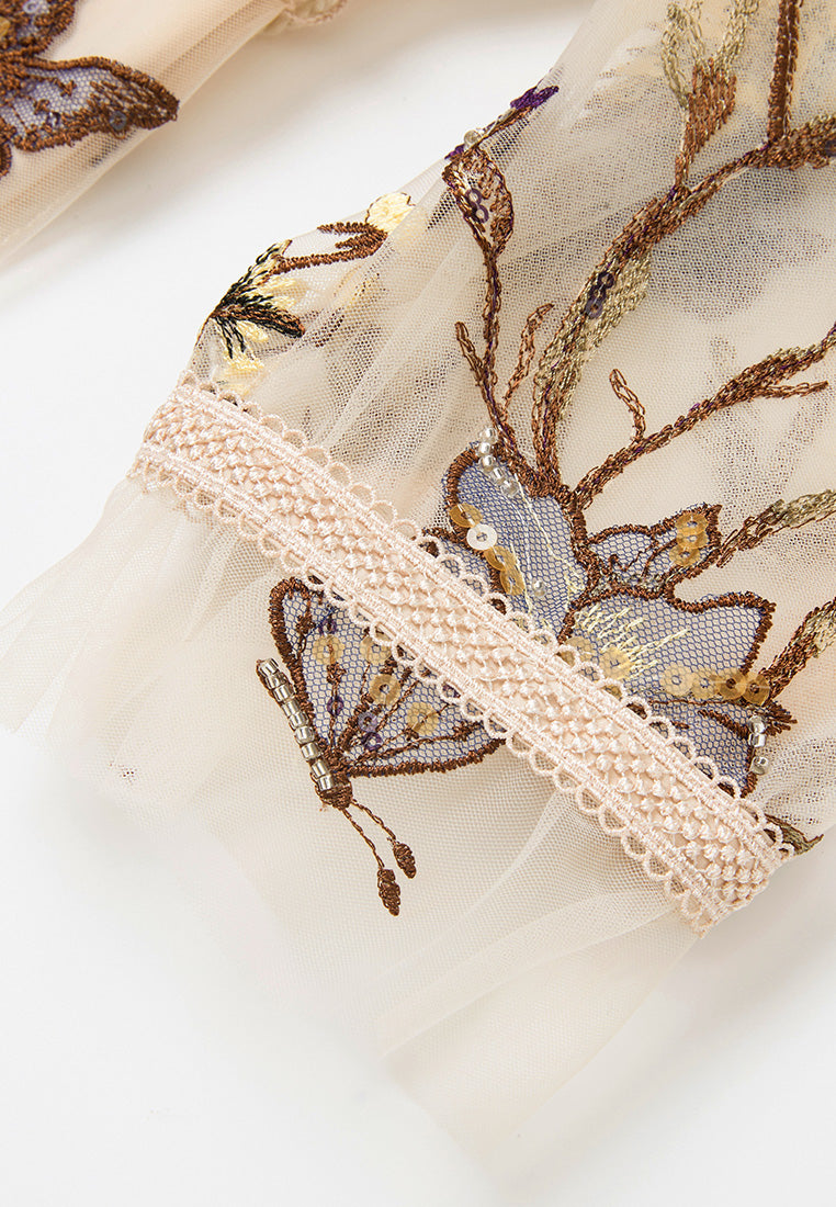 Lace-trim Embroidered Mesh Dress
