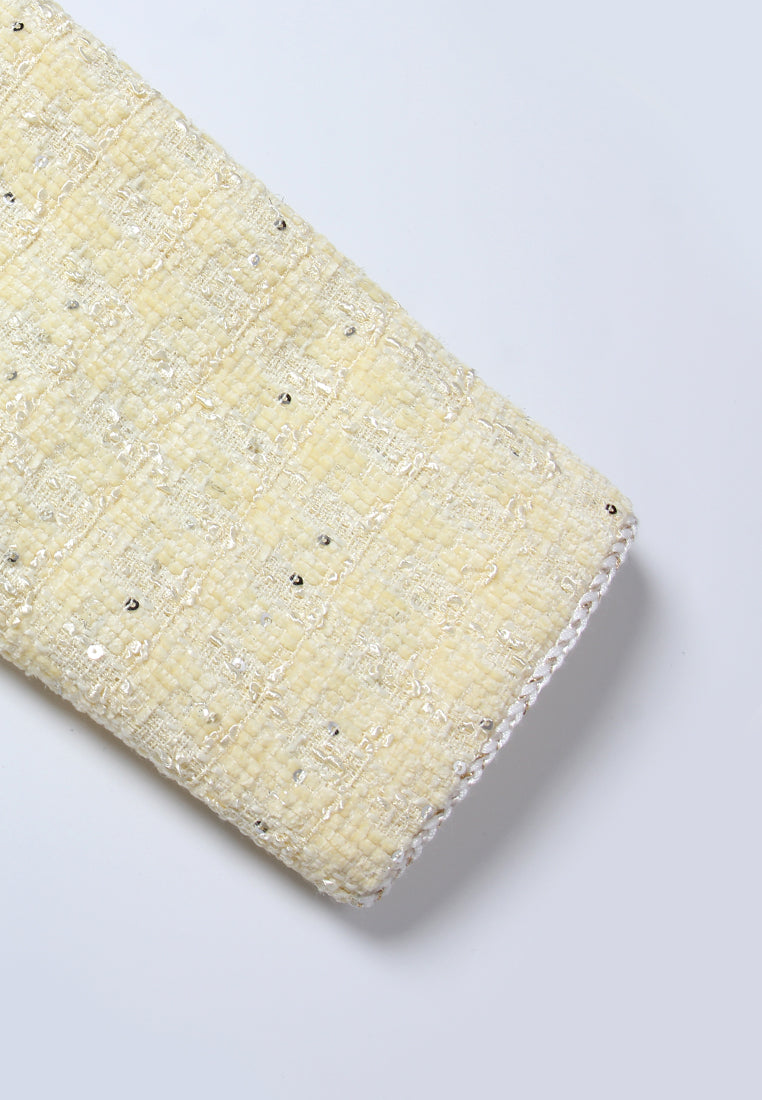 Golden Tweed Coat with Pearl Chain Belt