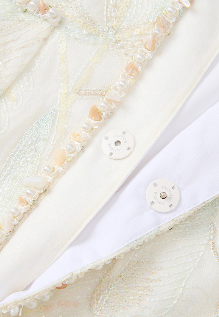 Stone-detail Embellished Floral-embroidery Long Jacket