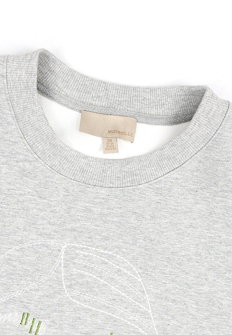 Gris Mélange Visage Brodé Sweatshirt
