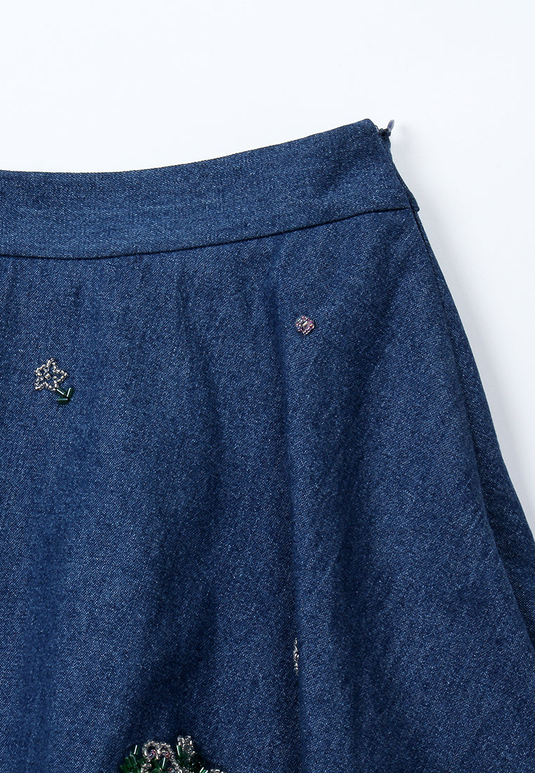 Indigo Bloom Layered Denim Skirt