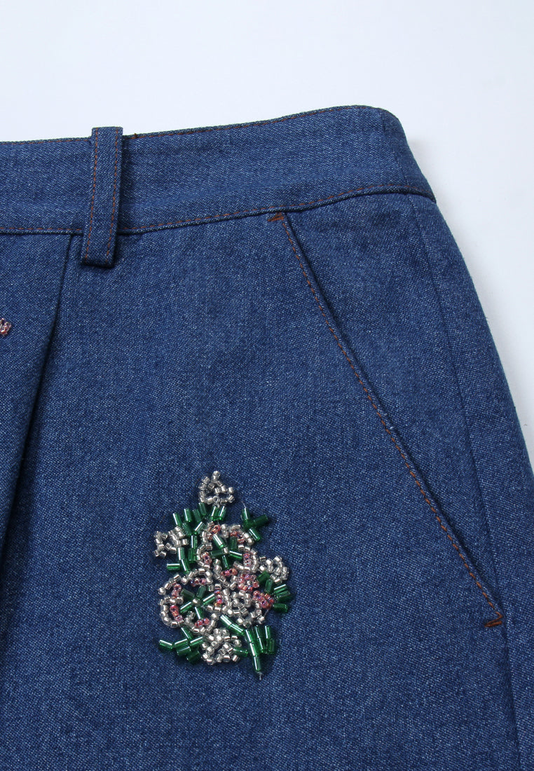 Indigo Bloom Wide-Leg Denim Pants