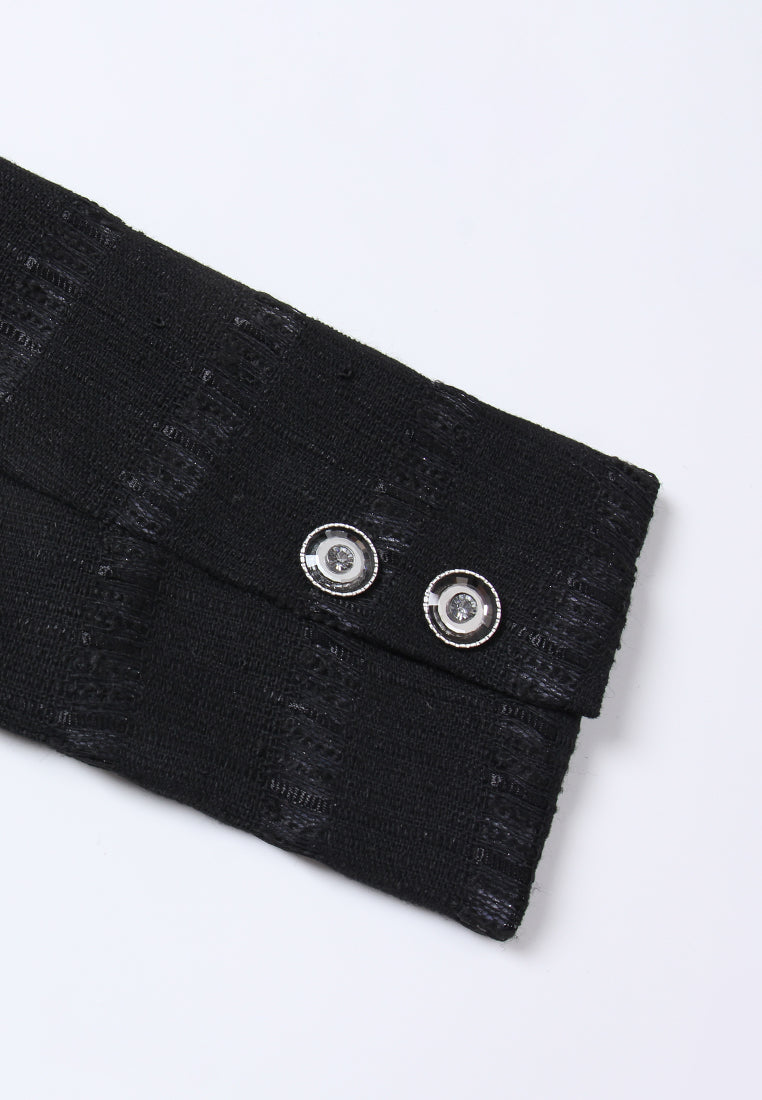 Single-Button Flap-pocket Striped Tweed Blazer