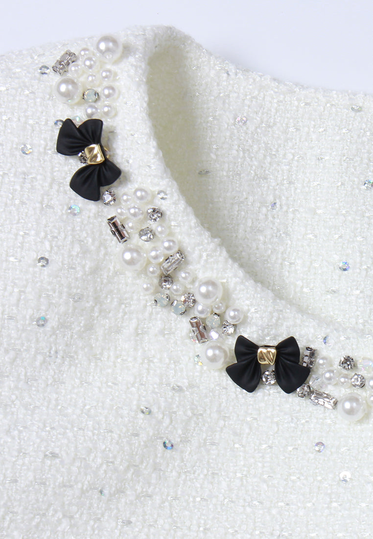 Embellished Tweed Jacket with Bow Accents