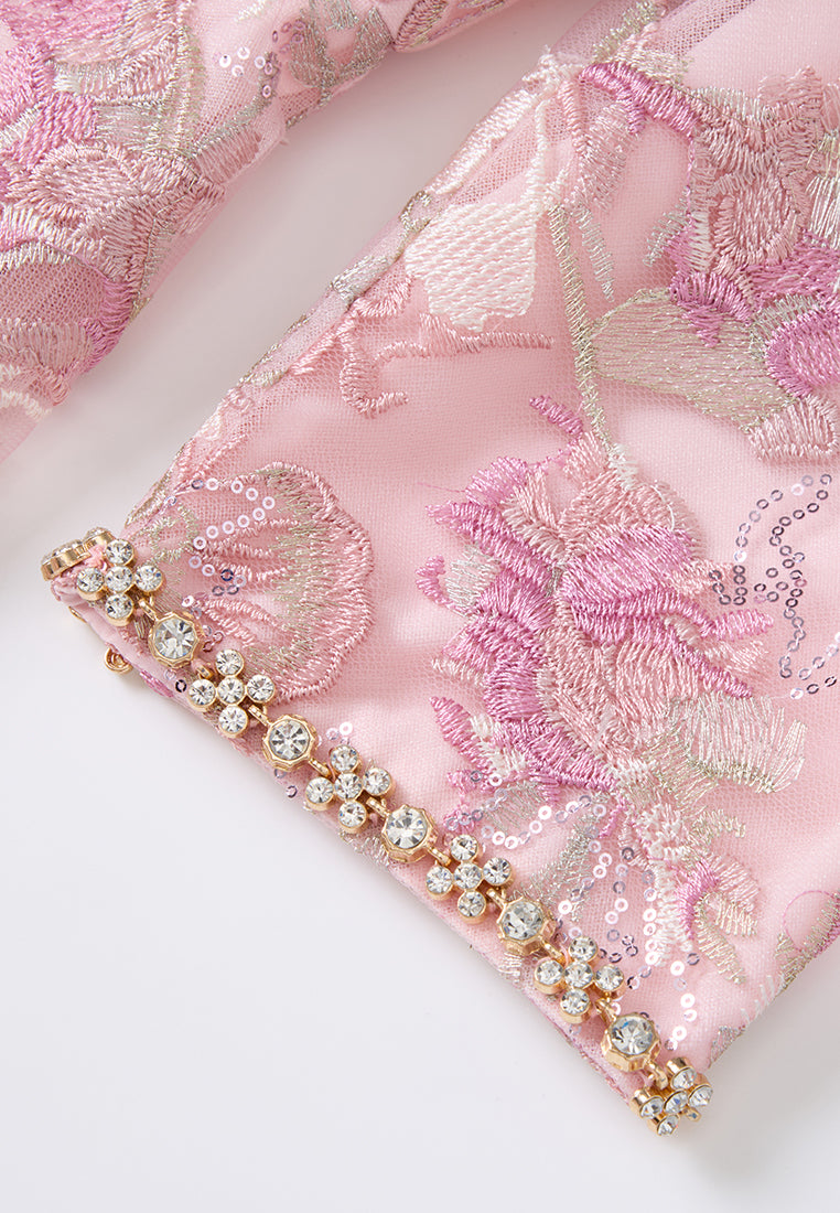 Floral-embroidery Embellished Maxi Mesh Dress