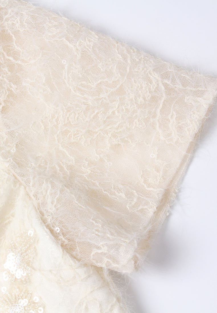 Feather-hem Embellished Lace Dress