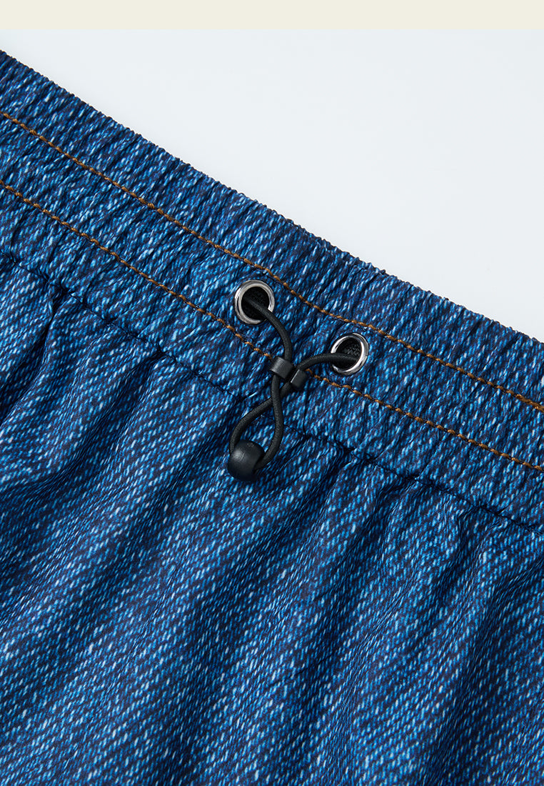 Denim-pattern Drawstring-waistband Wide-leg Trousers