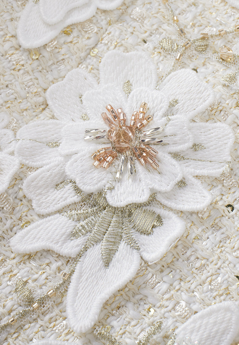 Cream White Floral-detail Slim-cut Coat