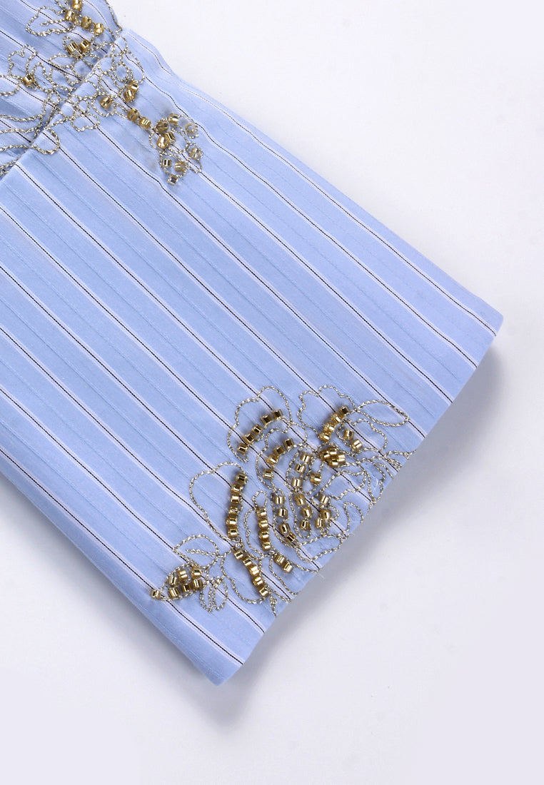 Blue Embroidered Bow Blouse