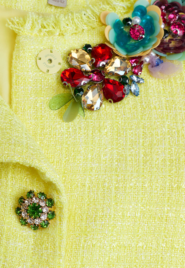 Floral Embellished Frayed-detail Tweed Jacket