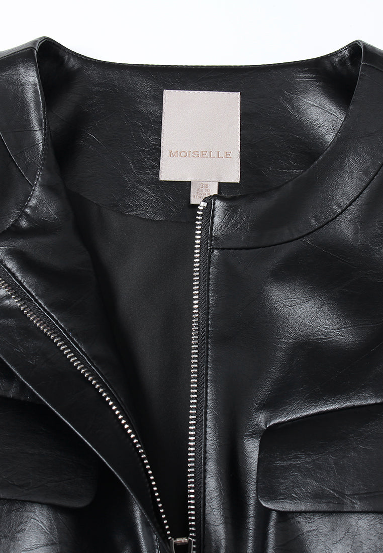 Elastic-waist Flap-pocket Faux Leather Blouse