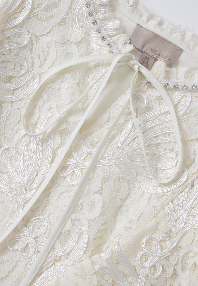 Tie-neck Embellished Cap-sleeve Lace Top