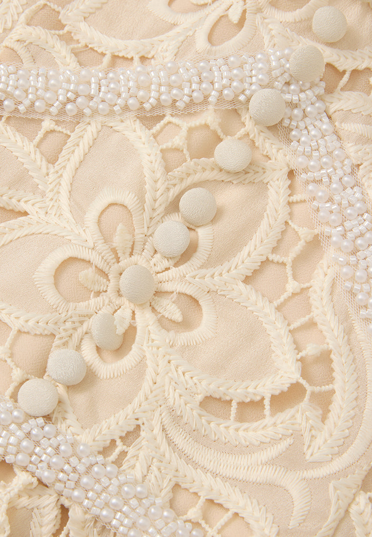 Bead-trim V-neck Hollow-carved Lace Dress